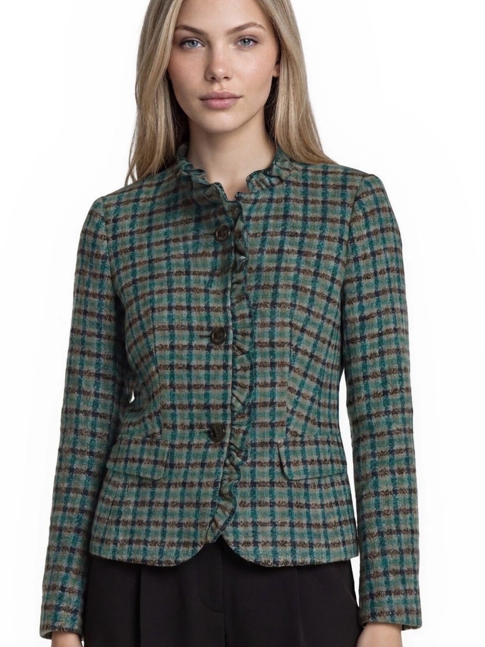 Talbots NWOT Petite 6P 100% Wool Plaid Ruffle Jacket